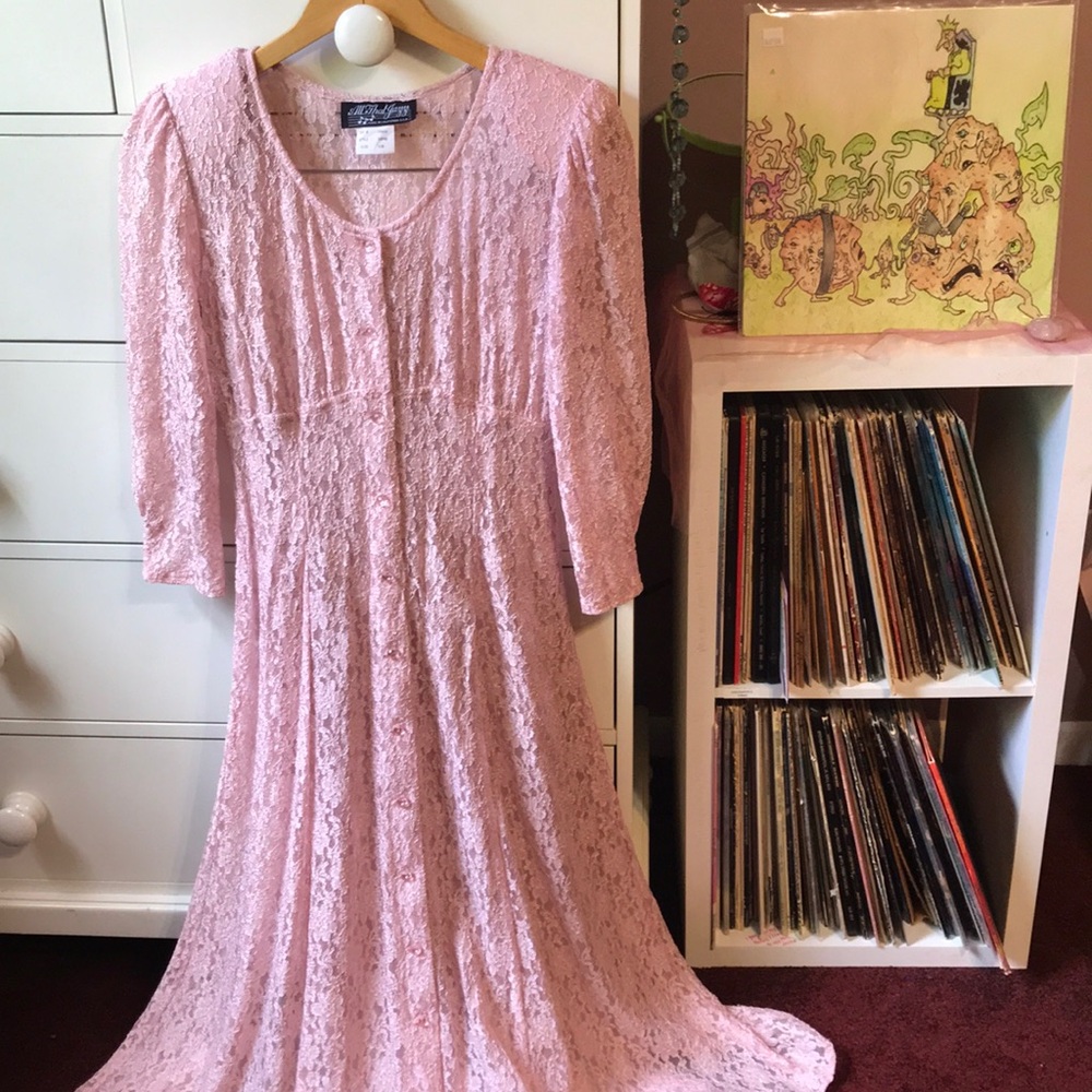 90’s Vintage Pink Lace Duster Dress Blush Ballet Betsey Johnson Coquette Midi M